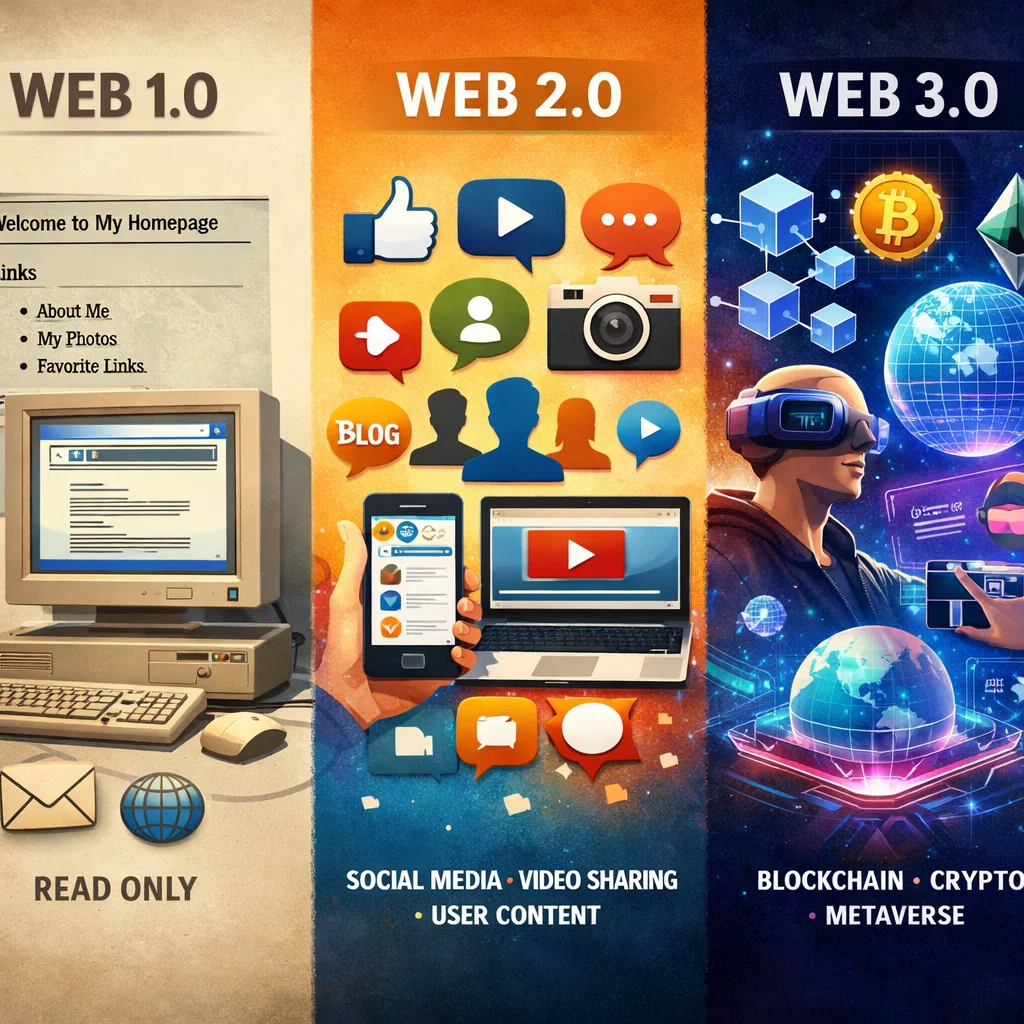Illustration showing the evolution of the web from Web 1.0 (static pages), to Web 2.0 (social media and interactivity), and Web 3.0 (blockchain and decentralized systems).