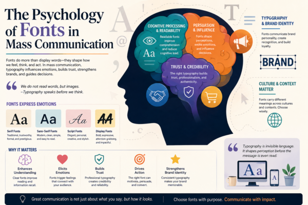 Illustration showing the psychology of fonts in mass communication, highlighting how typography influences emotions, readability, trust, persuasion, and brand identity.