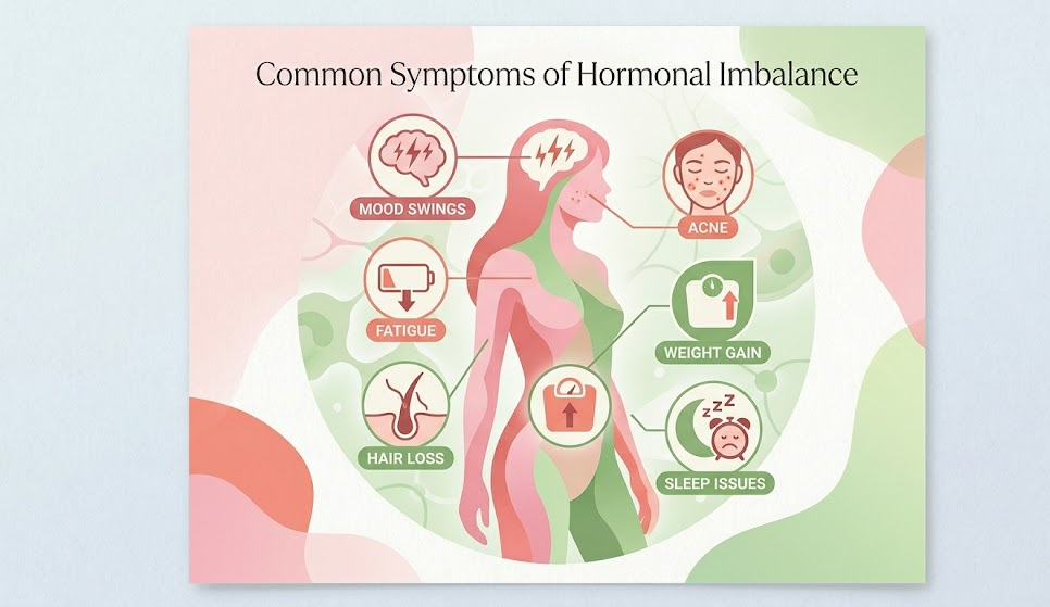 An infographic-style image showing a woman's body with icons pointing to different symptoms — fatigue, acne, mood swings, weight gain, hair loss, and sleep issues. Style: warm pinks and greens, icon-based, easy to read.