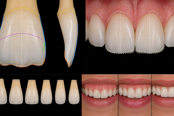 A detailed dental illustration showing the external crown anatomy of anterior teeth from multiple views