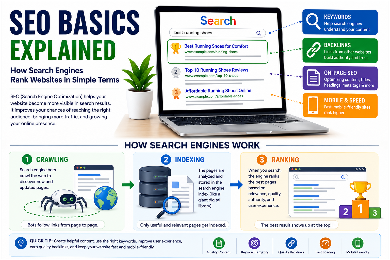 SEO Basics Explained showing how search engines rank websites using keywords, backlinks, and optimization