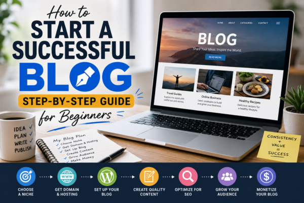 A modern blogging workspace featuring a laptop displaying a blog homepage, alongside the headline “How to Start a Blog: Step-by-Step Guide for Beginners.” The image includes blogging icons, a notebook with a blog plan checklist, and visual steps such as choosing a niche, setting up hosting, creating content, optimizing for SEO, growing an audience, and monetizing a blog.