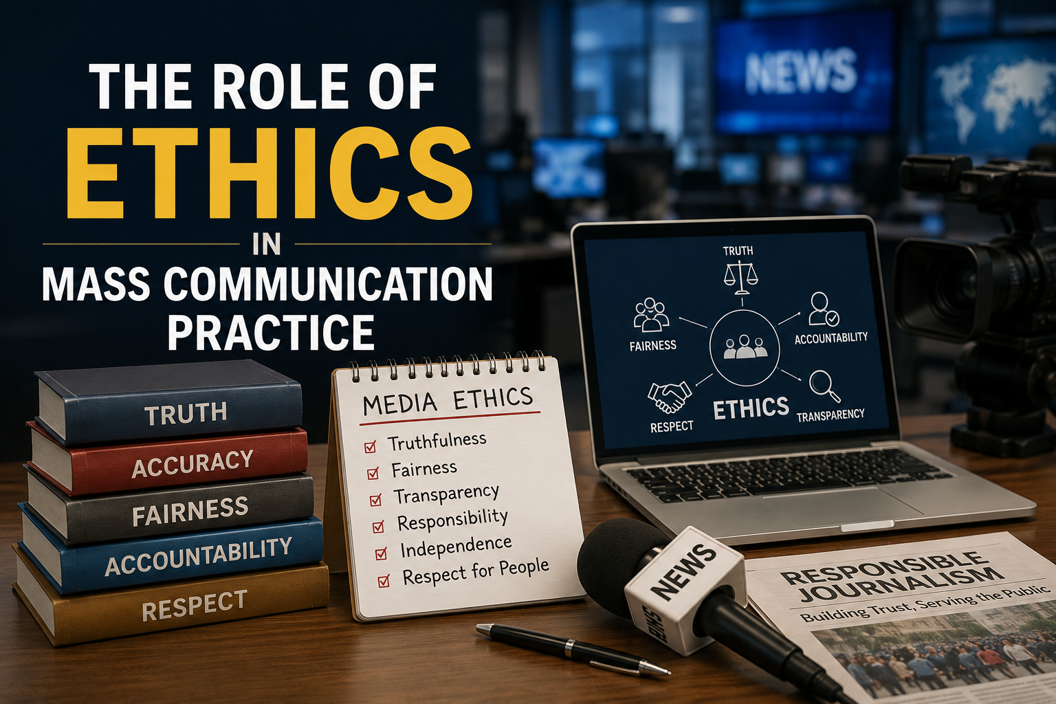 Feature image showing a modern newsroom setup with books labeled truth, accuracy, fairness, accountability, and respect alongside concepts on ethics in mass communication practice.
