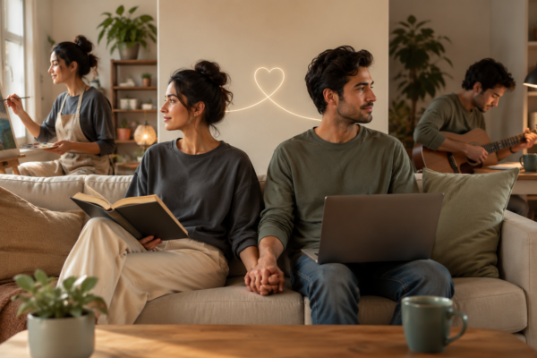 A realistic, warmly lit indoor scene showing a couple sharing a living space while maintaining individual identities.