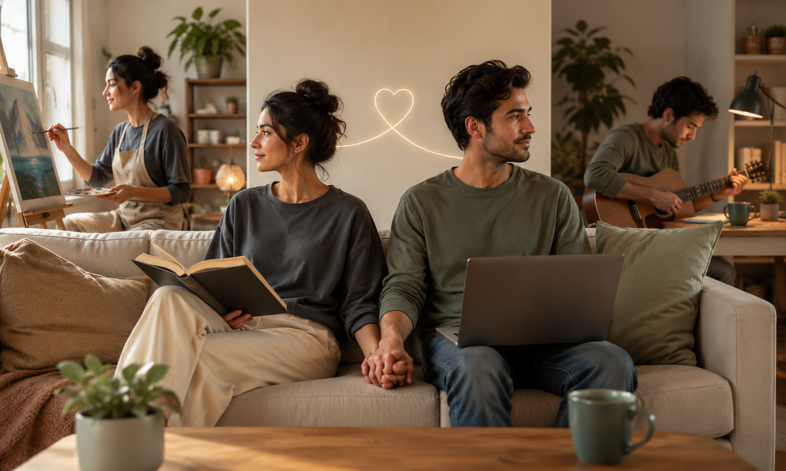 A realistic, warmly lit indoor scene showing a couple sharing a living space while maintaining individual identities.