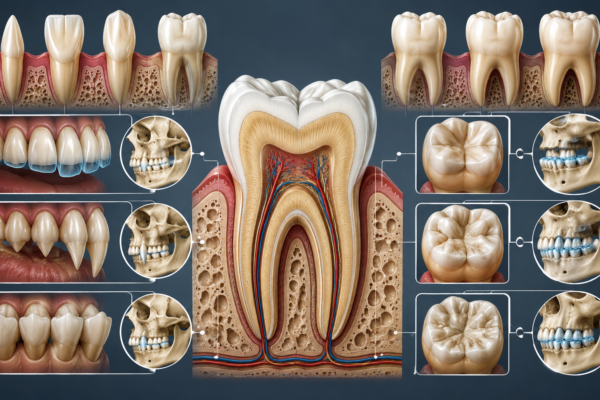 Detailed medical-style illustration of dental anatomy showing a central cross-sectional view of a tooth with roots, enamel, dentin, and pulp visible, surrounded by multiple teeth types arranged symmetrically.