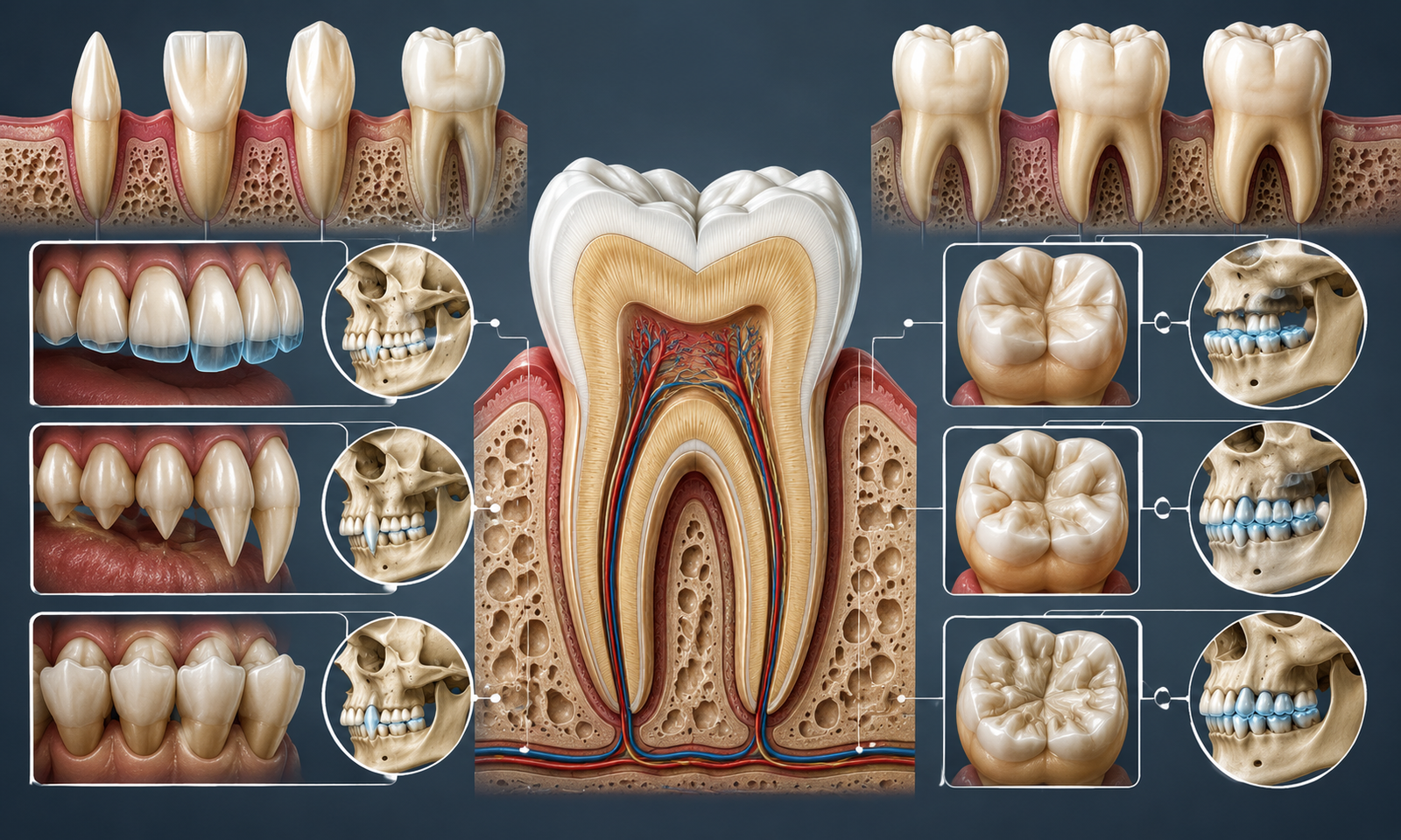 Detailed medical-style illustration of dental anatomy showing a central cross-sectional view of a tooth with roots, enamel, dentin, and pulp visible, surrounded by multiple teeth types arranged symmetrically.