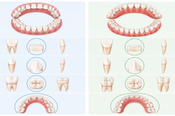 A clean, side-by-side dental illustration comparing primary (baby) and permanent teeth, showing full upper and lower arches along with individual tooth shapes (incisors, canines, and molars).