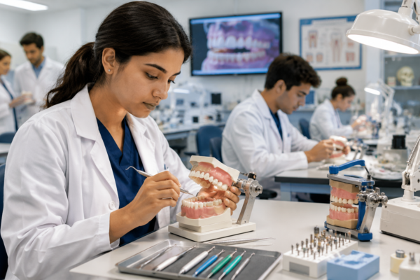 A modern dental laboratory classroom where dental students in white lab coats and scrubs are practicing on dental models.