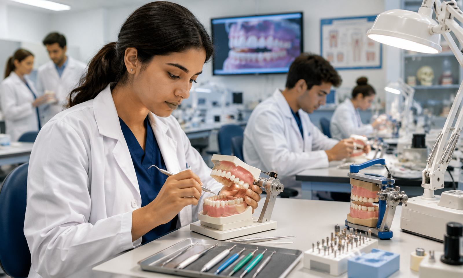 A modern dental laboratory classroom where dental students in white lab coats and scrubs are practicing on dental models.