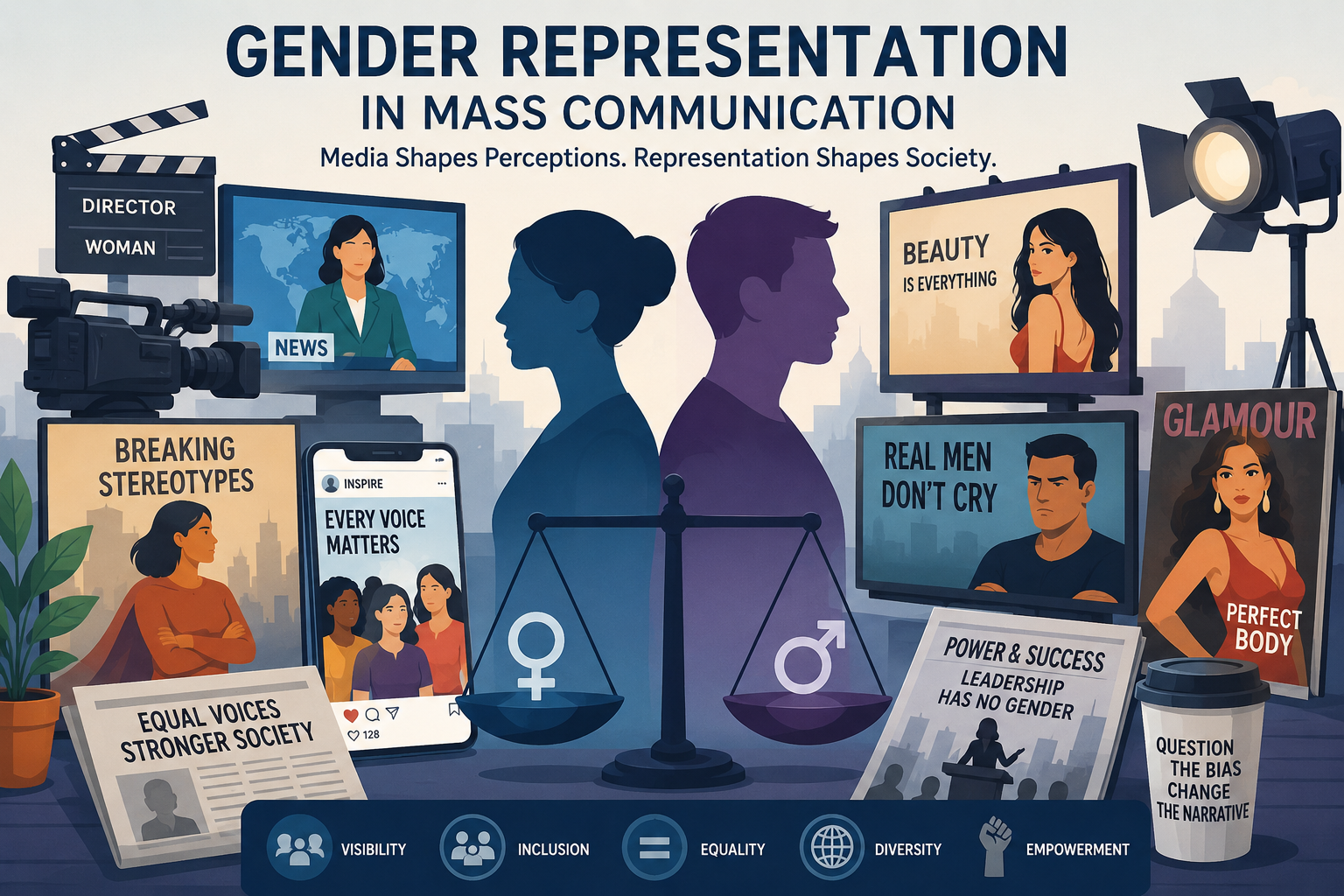 Illustration showing gender representation in mass communication across television, social media, newspapers and advertising platforms.