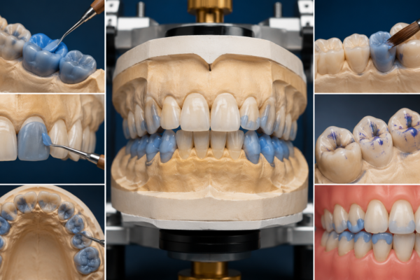 A detailed clinical collage showing dental waxing techniques used for restoring ideal occlusion, featuring dental models with wax applied to teeth surfaces, occlusal adjustments, and close-up views of instruments shaping and refining wax patterns on teeth.