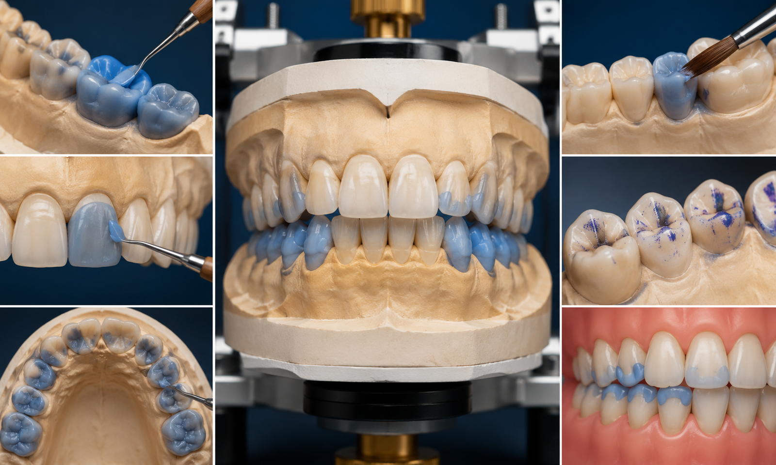 A detailed clinical collage showing dental waxing techniques used for restoring ideal occlusion, featuring dental models with wax applied to teeth surfaces, occlusal adjustments, and close-up views of instruments shaping and refining wax patterns on teeth.