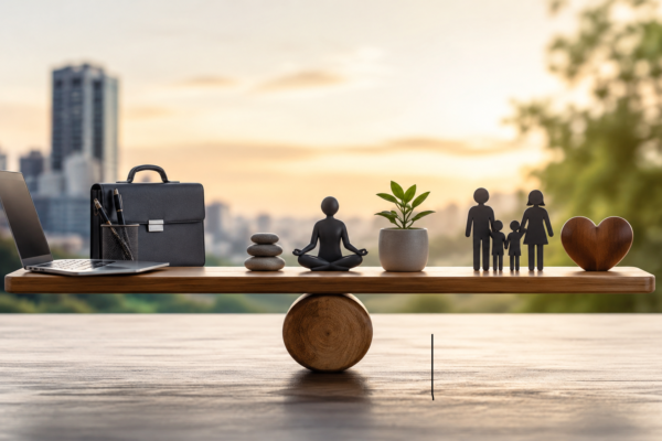 A balanced wooden board resting on a round support displays symbols of modern life harmony, including a laptop and briefcase for work, a meditating figure and plant for wellness, and a family silhouette with a heart symbol for relationships, set against a soft city-and-nature background at sunset.