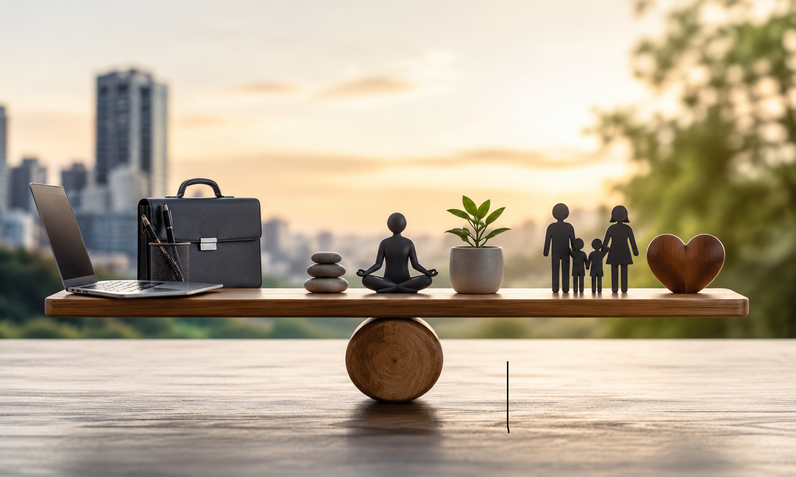 A balanced wooden board resting on a round support displays symbols of modern life harmony, including a laptop and briefcase for work, a meditating figure and plant for wellness, and a family silhouette with a heart symbol for relationships, set against a soft city-and-nature background at sunset.