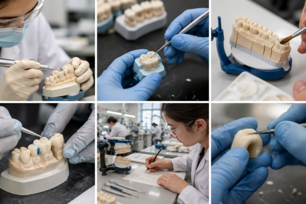 dental students in a clinical laboratory practicing operative dentistry skills on dental models