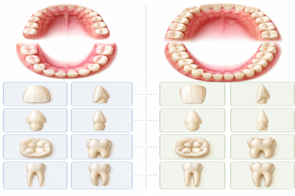 A clean clinical-style illustration comparing primary (baby) dentition and permanent (adult) dentition side by side