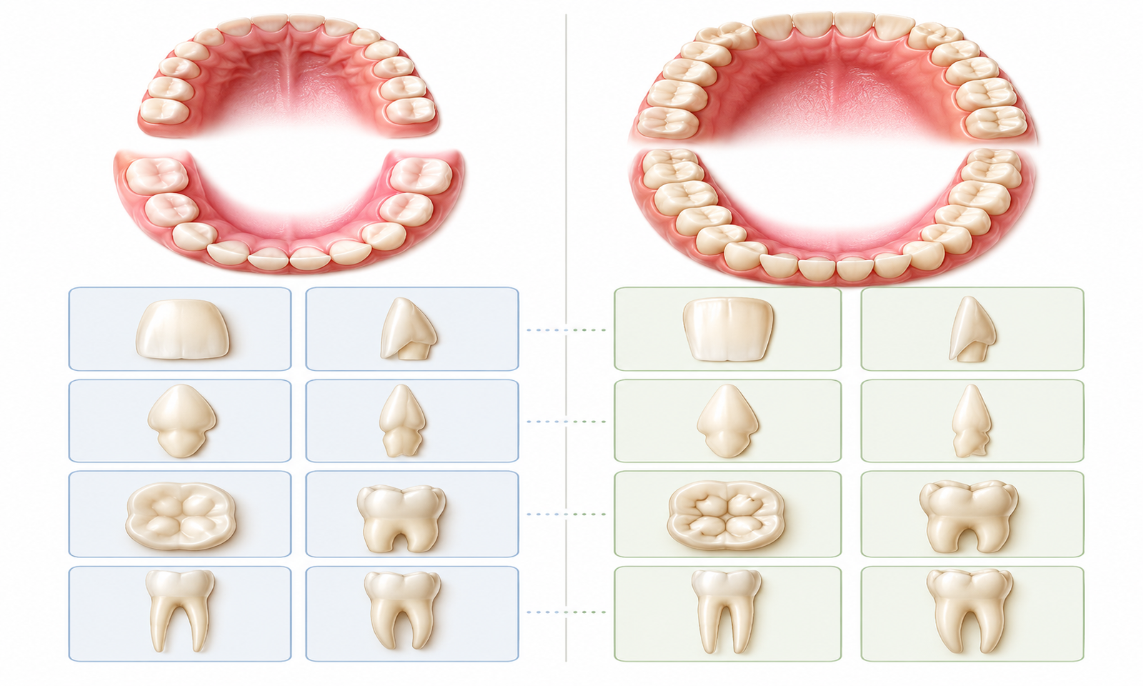 A clean clinical-style illustration comparing primary (baby) dentition and permanent (adult) dentition side by side