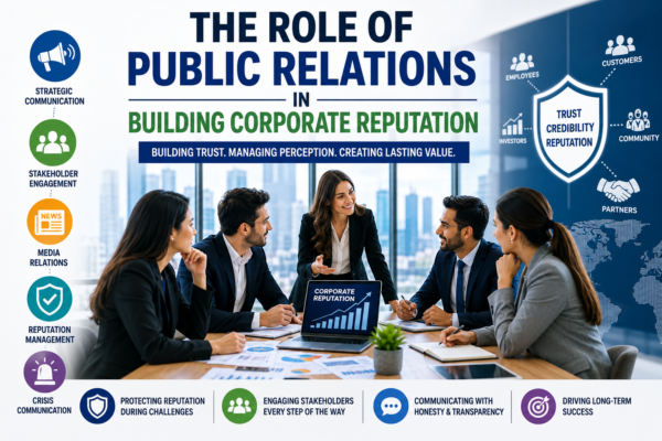 Corporate public relations team discussing reputation management, media strategy, and stakeholder communication during a professional business meeting.