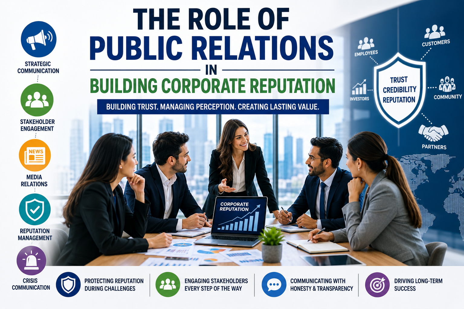Corporate public relations team discussing reputation management, media strategy, and stakeholder communication during a professional business meeting.
