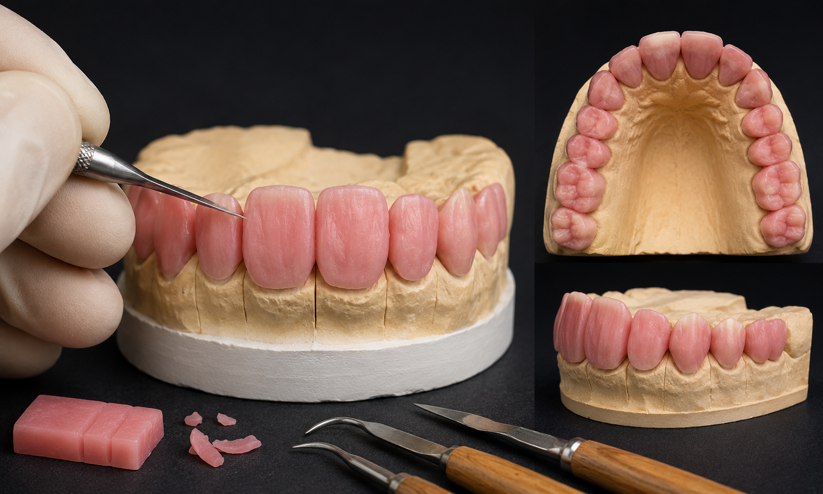 A close-up dental laboratory scene showing a technician sculpting pink wax teeth on a plaster dental cast using a carving tool, with additional views of the waxed tooth model and dental instruments arranged on a dark surface