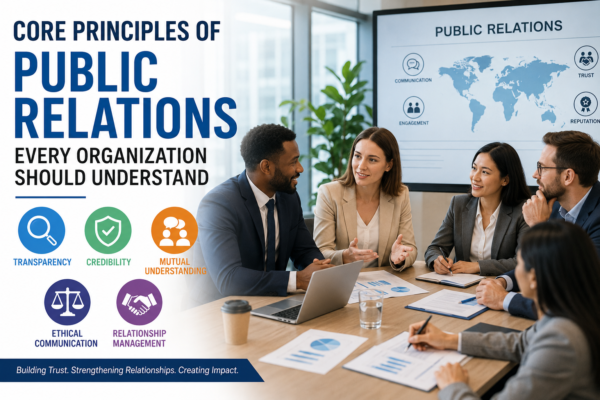 Professional public relations team discussing communication strategies and stakeholder engagement in a corporate meeting room showing principles of public relations