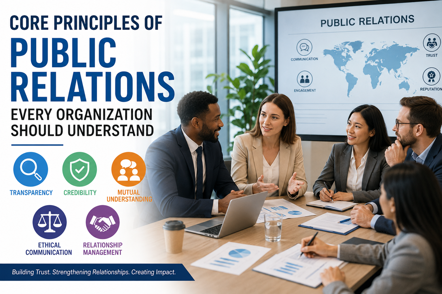 Professional public relations team discussing communication strategies and stakeholder engagement in a corporate meeting room showing principles of public relations