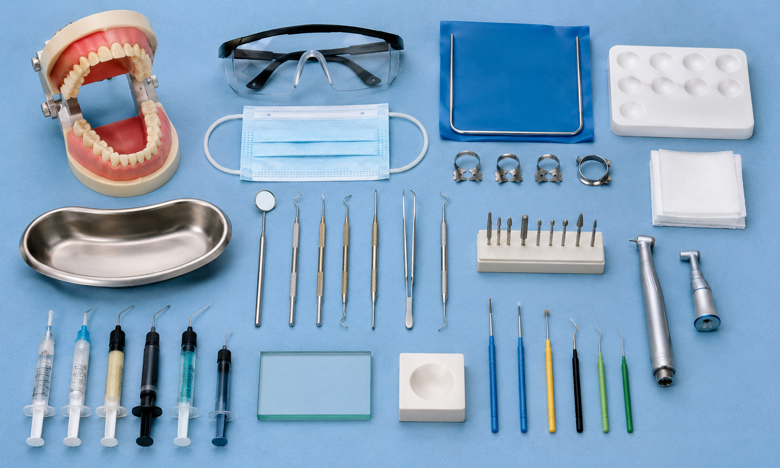 Dental instrument setup on blue cloth