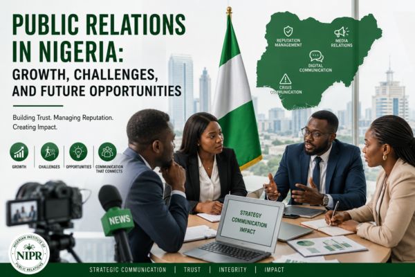 Professional teams in public relations in Nigeria discussing media strategy, digital communication, and corporate reputation management in a modern office setting.
