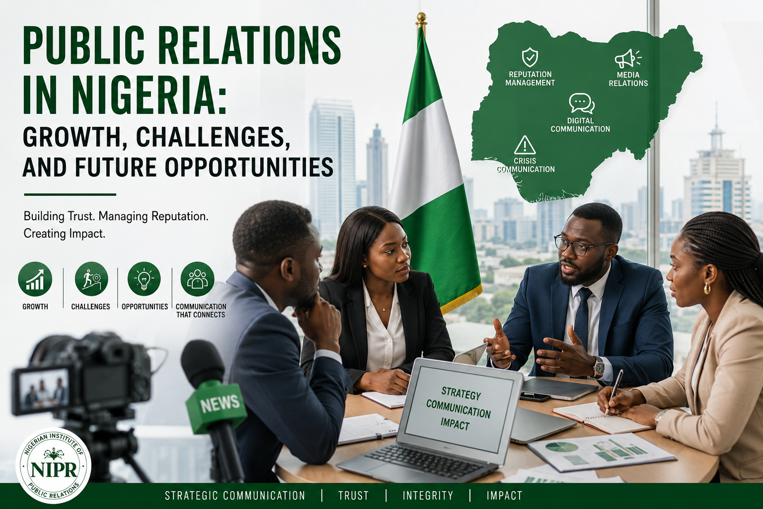 Professional teams in public relations in Nigeria discussing media strategy, digital communication, and corporate reputation management in a modern office setting.