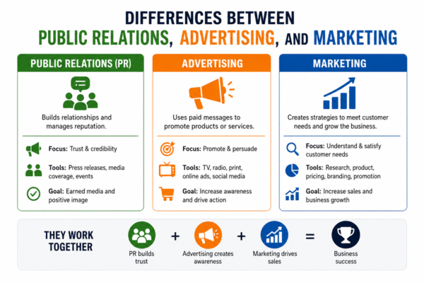 Image showing differences Between Public Relations, Advertising, and Marketing
