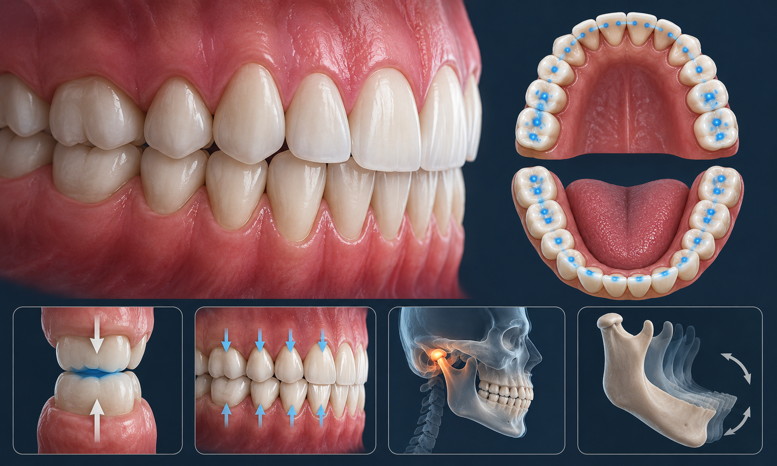A detailed 3D dental illustration showing upper and lower teeth in proper occlusion, with close-up views of tooth alignment,