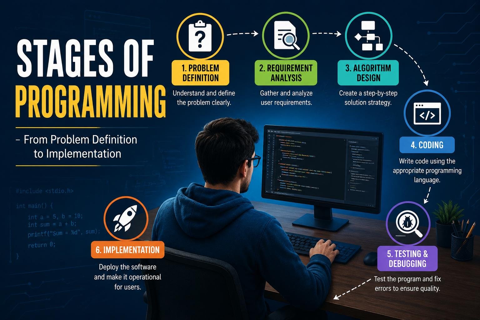 Stages of programming from problem definition to software implementation