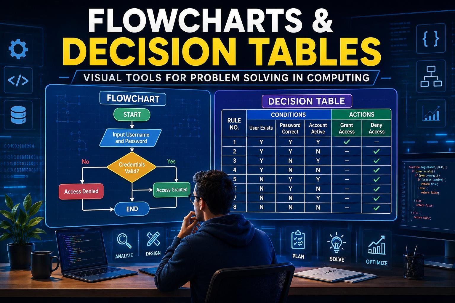 Flowcharts and Decision Tables in Computing visualized with flowchart diagrams, decision tables, and software development concepts for problem solving.