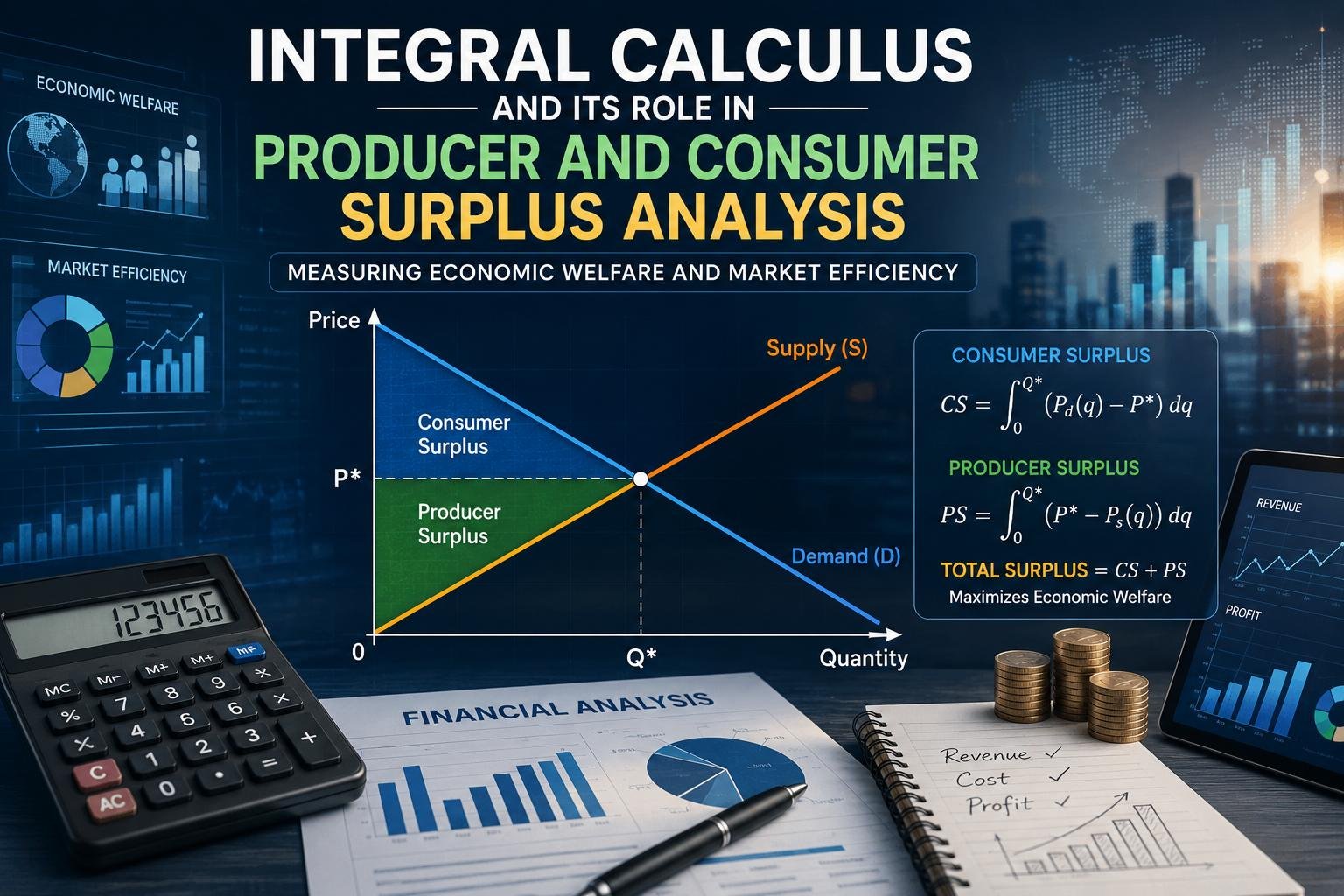 Integral Calculus in Producer and Consumer Surplus Analysis illustration showing market efficiency and economic welfare