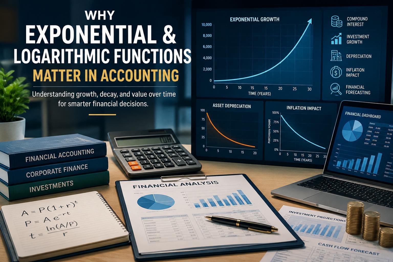 Exponential and Logarithmic Functions in Accounting illustrated with financial growth charts and accounting analysis