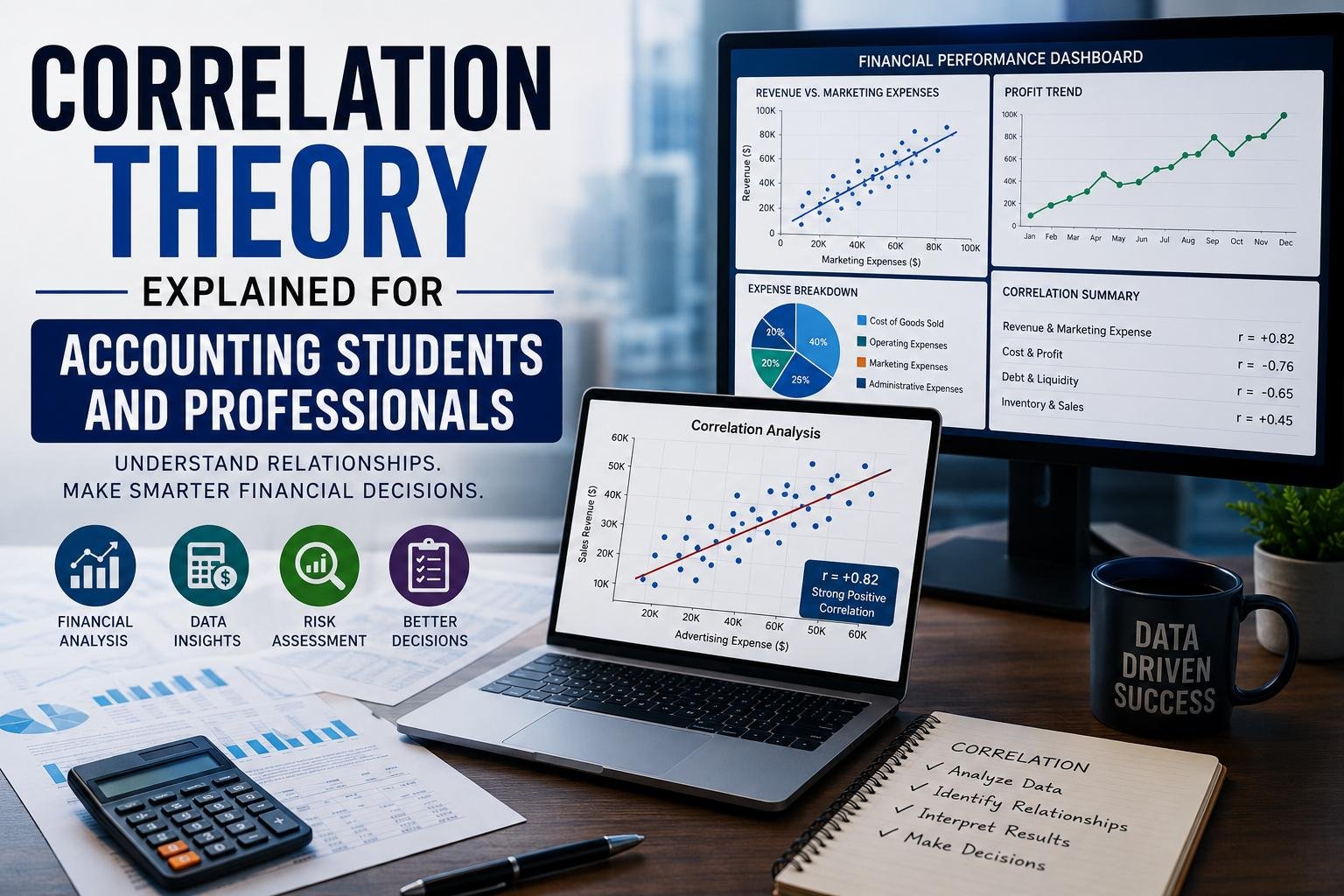 Correlation analysis in accounting showing financial data trends and business performance relationships