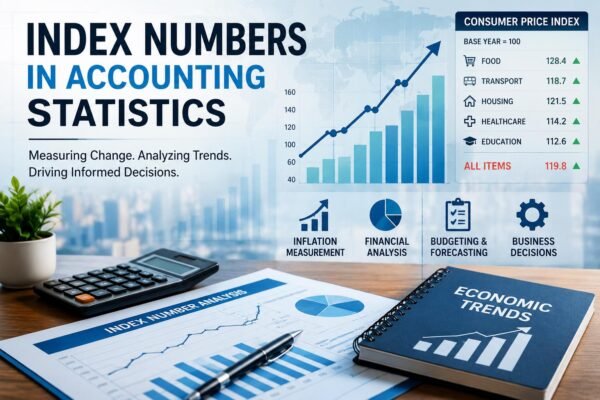 Index Numbers in Accounting Statistics showing financial charts, inflation trends, and business data analysis
