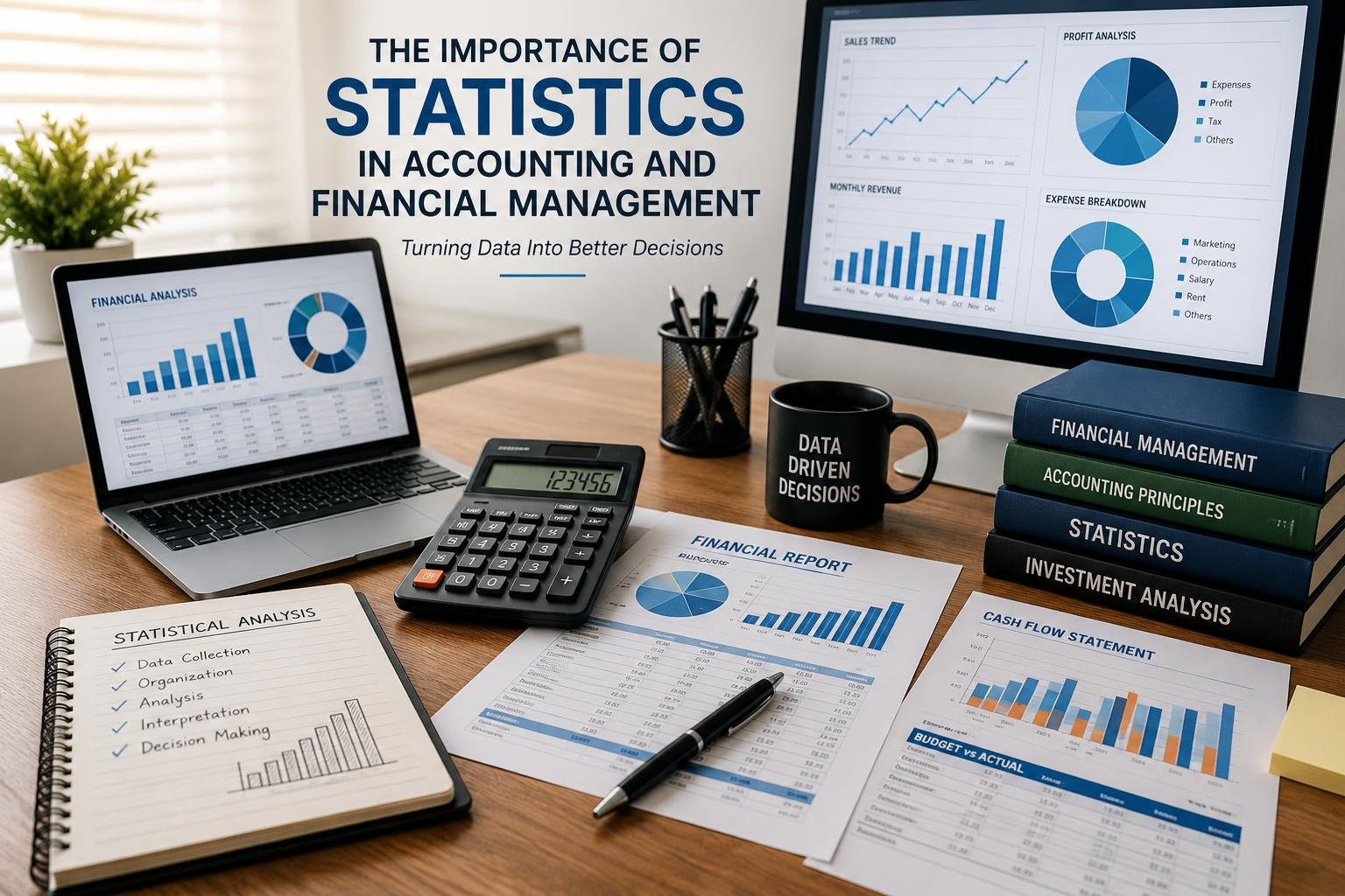 Importance of statistics in accounting and financial management illustrated with financial charts and data analysis tools
