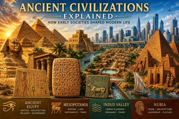 Ancient Civilizations Explained showing Egypt, Mesopotamia, Indus Valley, and Nubia influencing modern society