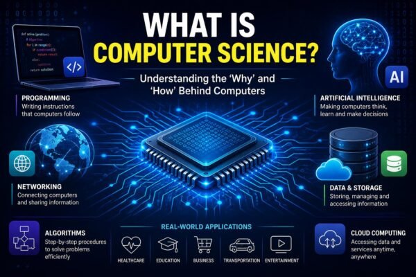 What Is Computer Science concept showing computers, algorithms, AI, and digital technology