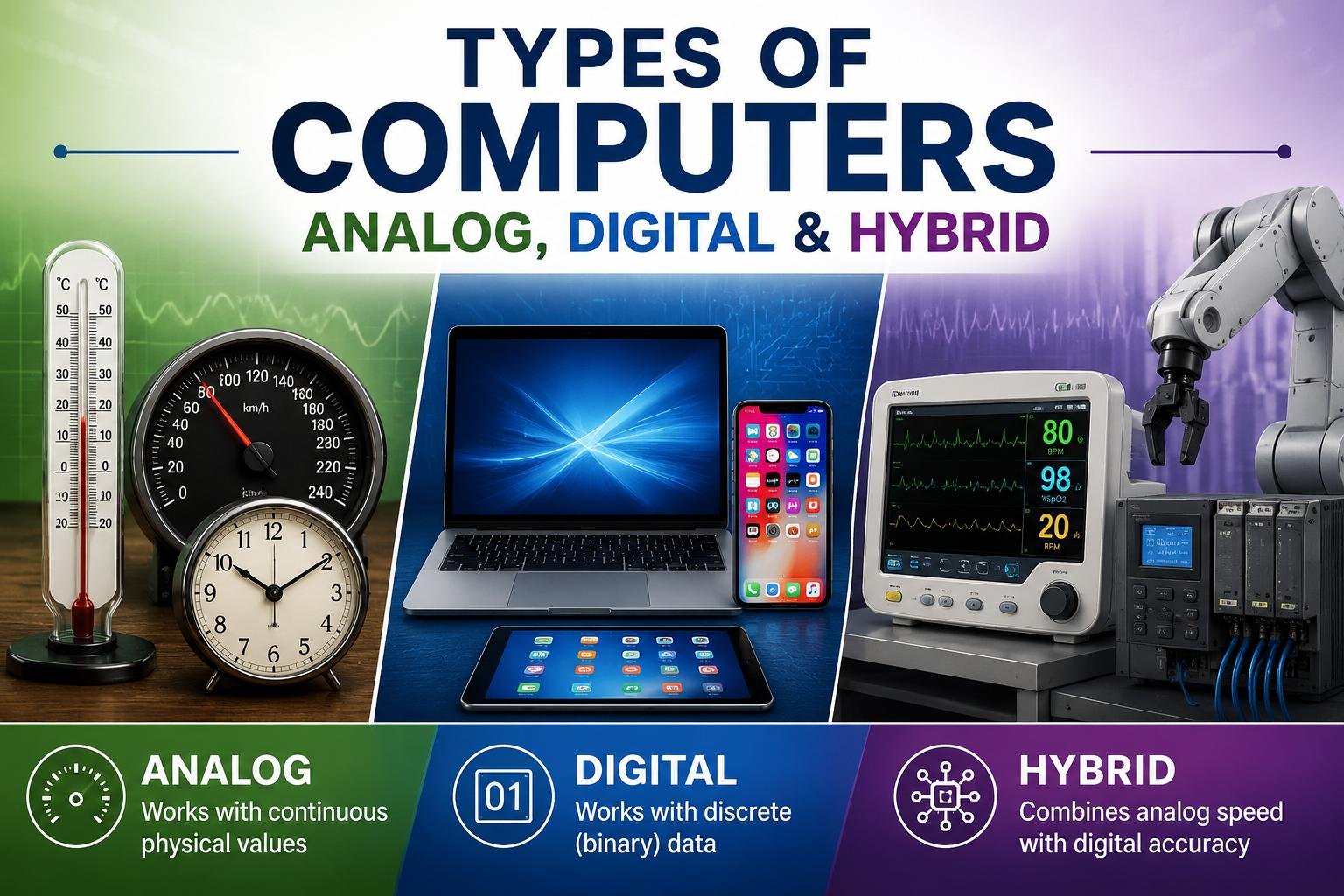 Types of computers including analog, digital, and hybrid systems illustrated