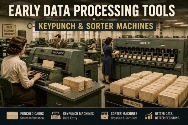 Early data processing tools showing keypunch and sorter machines in a data center