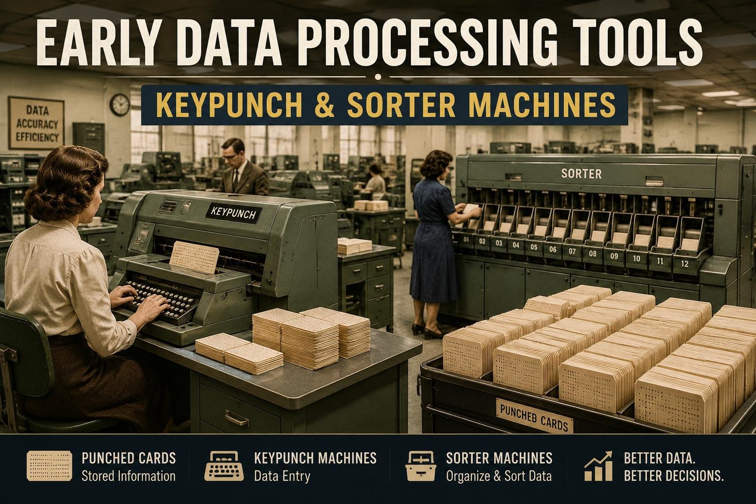 Early data processing tools showing keypunch and sorter machines in a data center