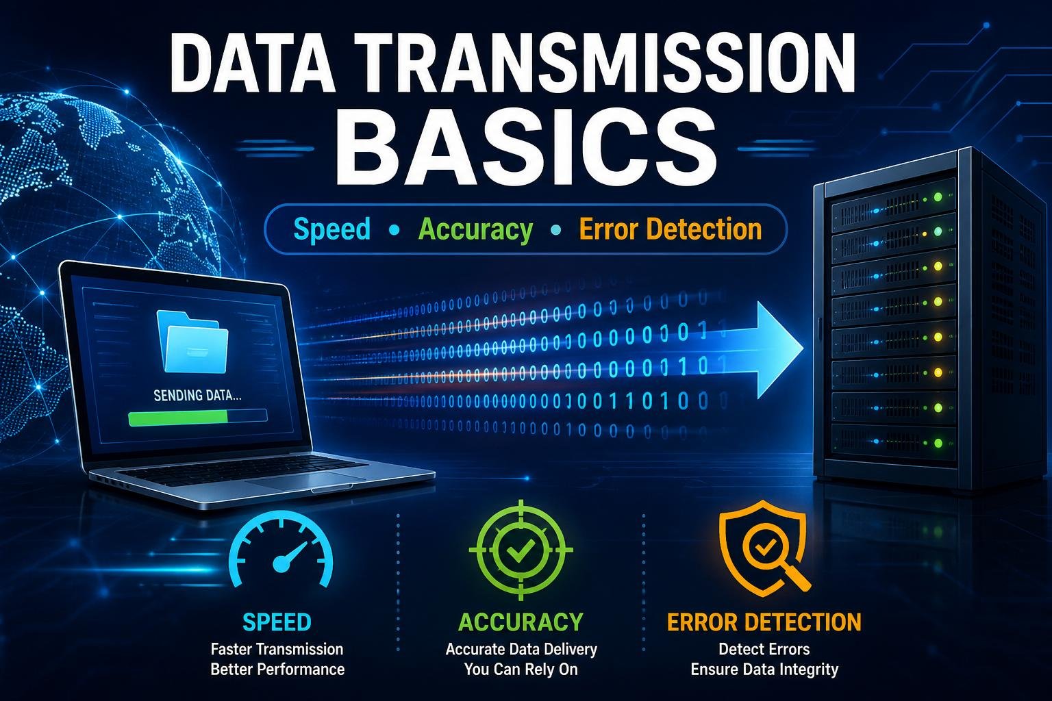 Fundamentals of data transmission showing speed and error detection in digital networks
