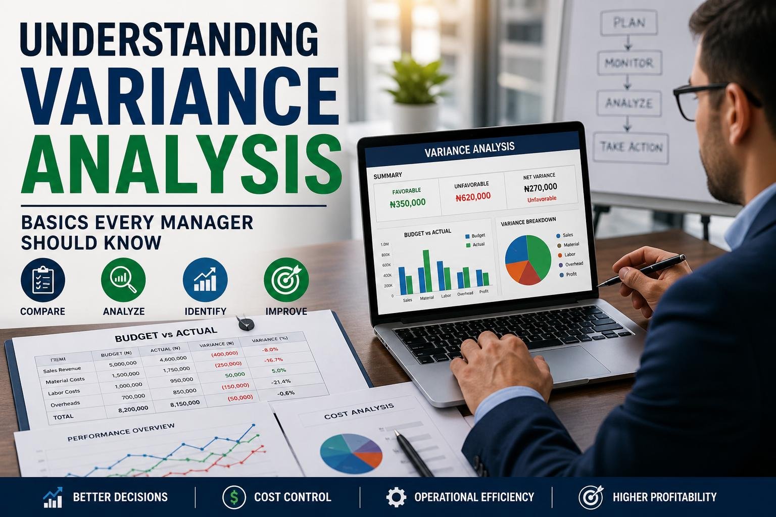 Concept of variance analysis illustrated through financial reports and business performance charts