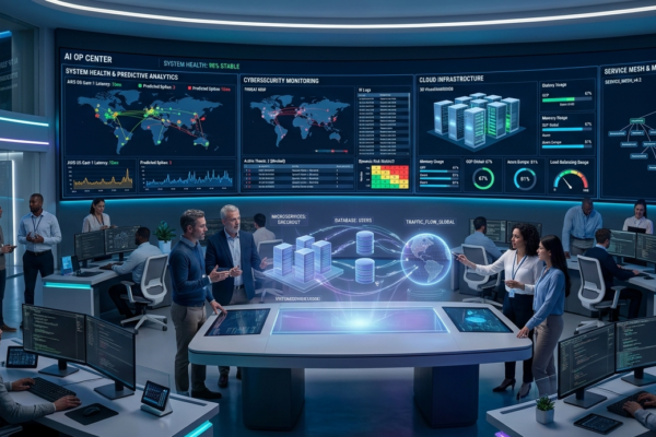 Futuristic AI-powered IT operations center displaying real-time software monitoring, cloud analytics, and automated system management dashboards.