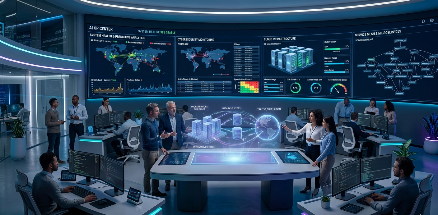 Futuristic AI-powered IT operations center displaying real-time software monitoring, cloud analytics, and automated system management dashboards.