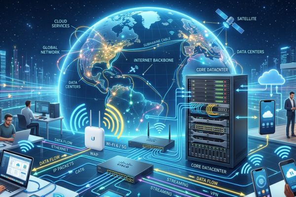Modern network setup showing connected devices and global data flow