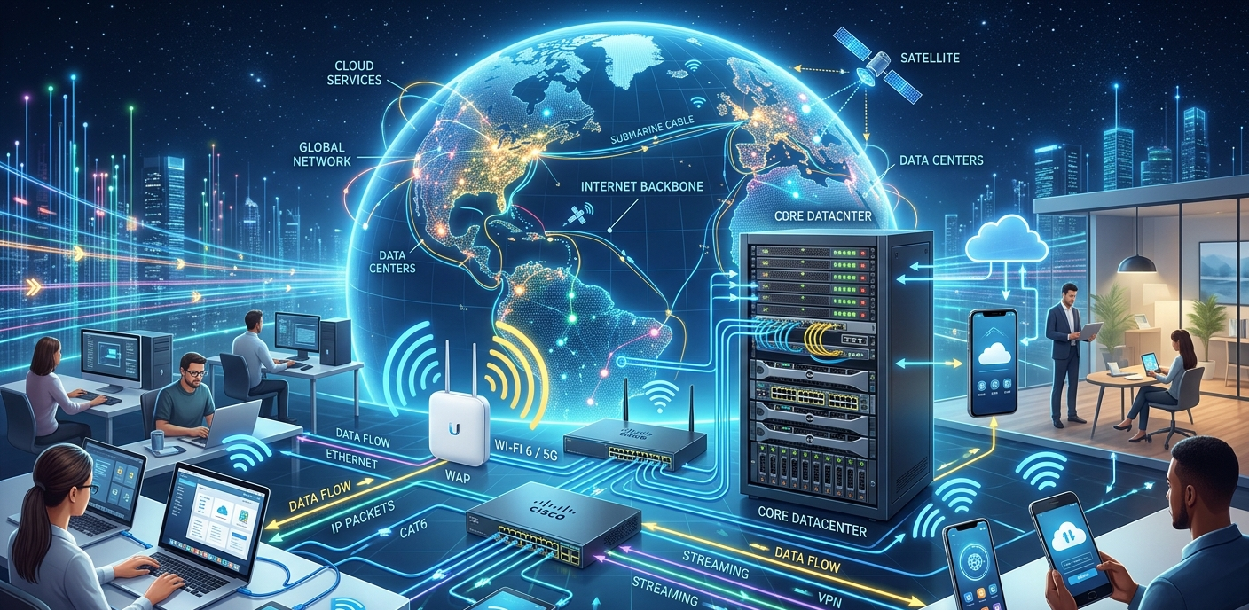 Modern network setup showing connected devices and global data flow